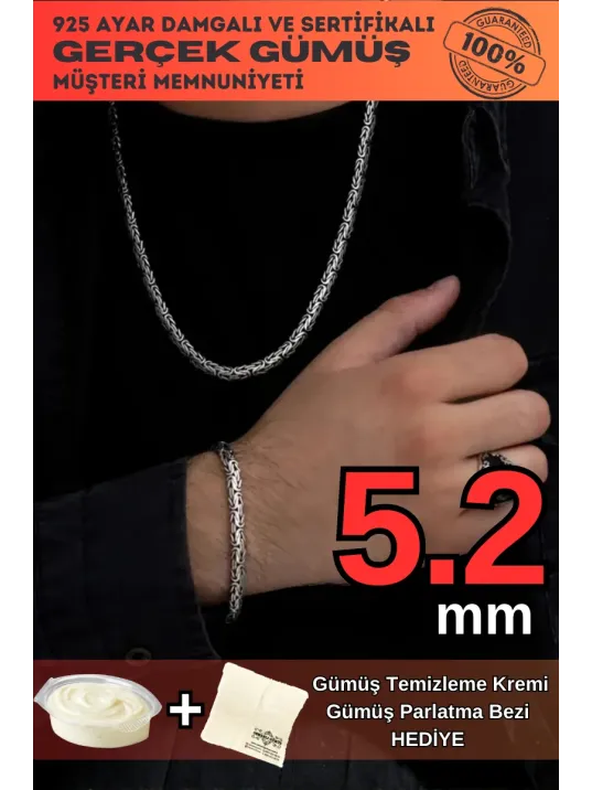 Erkek Gümüş Kolye Bileklik Set - Yassı Ezme Kral Gümüş Bileklik Set