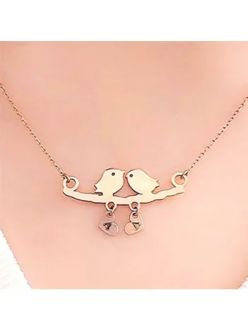 Gerçek Rose Kaplama Kararmayan Kadın Dalda Çifte Kuş Model 1 925 Ayar Gümüş Kolye (14 Şubat Sevgililer Günü Hediyesi)