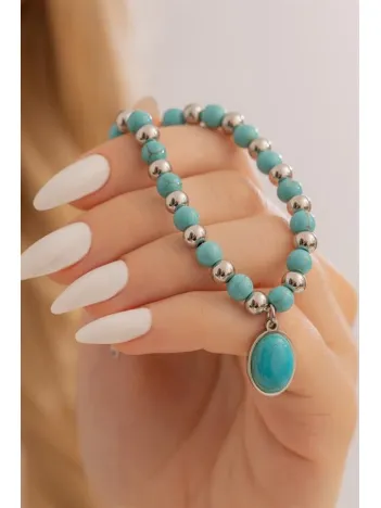 Kadın Bileklik-Çelik Lak Kaplamalı Turkuaz Taşlı Kadın Bileklik