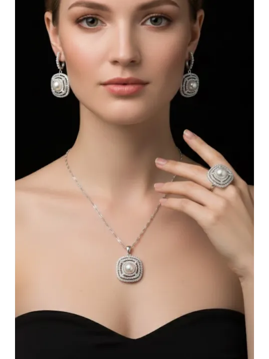 Kadın Gümüş Kolye Yüzük Küpe Set - Kare Model İnci Detaylı Kadın Gümüş Set