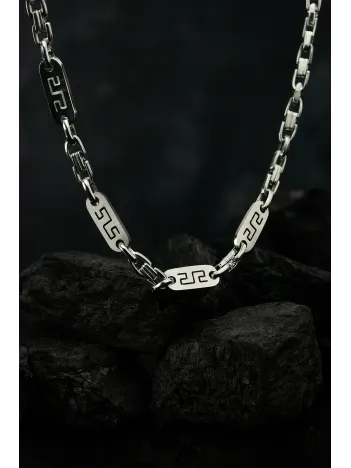 Erkek Çelik Kolye - Gümüş Renkli Grek Desenli Kral Zincir Model Kalın Tasarım