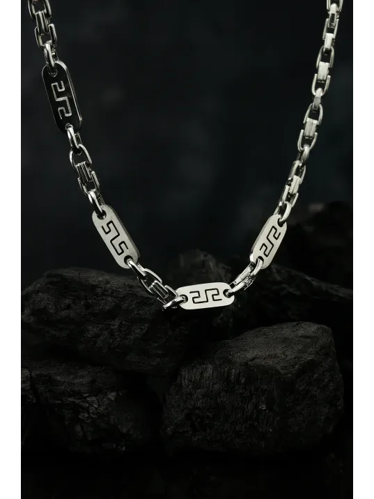 Erkek Çelik Kolye - Gümüş Renkli Grek Desenli Kral Zincir Model Kalın Tasarım