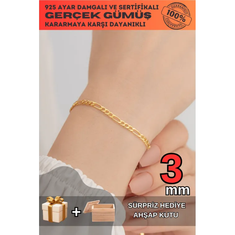 18 Ayar Gerçek Altın Kaplama Kararmayan 3 Mm Erkek Gümüş Bileklik Figaro Model 18 Ayar Gerçek Altın Kaplama Kararmayan 3 Mm Erkek Gümüş Bileklik Figaro Model