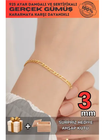 18 Ayar Gerçek Altın Kaplama Kararmayan 3 Mm Erkek Gümüş Bileklik Figaro Model