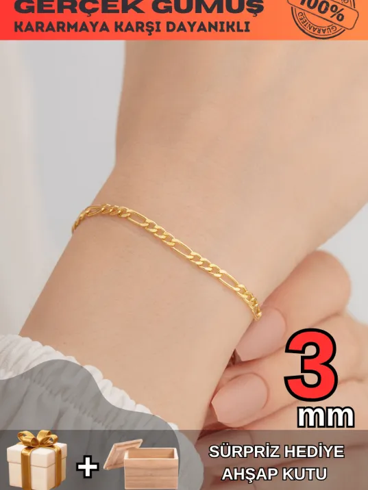 18 Ayar Gerçek Altın Kaplama Kararmayan 3 Mm Erkek Gümüş Bileklik Figaro Model 18 Ayar Gerçek Altın Kaplama Kararmayan 3 Mm Erkek Gümüş Bileklik Figaro Model