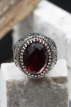 Kırmızı Zirkon Taşlı Ay Yıldız Desenli Yanı Lale Motif Erkek 925 Ayar Gümüş Yüzük GYZENDZIRAY-KRM