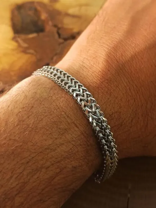 Çift Sıra Örüm Desen Erkek Çelik Bileklik İnce Model CBLGMSOTCSO