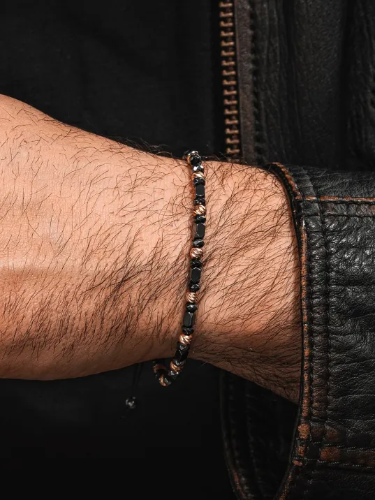 Kadın Erkek Gümüş Bileklik - Hematit Taşlı Gümüş Detaylı İnce Kibar Erkek Kadın Bileklik