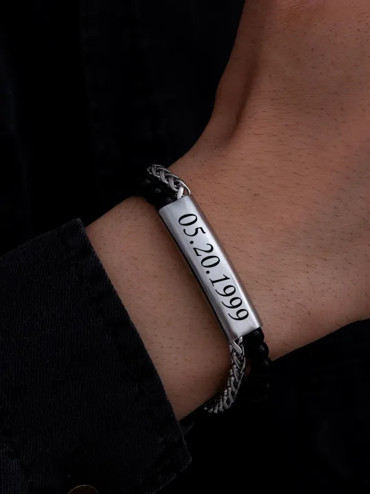 Erkek Çelik Bileklik - İsim Yazılabilir Siyah Boncuk Kral Zincir Çelik Bileklik