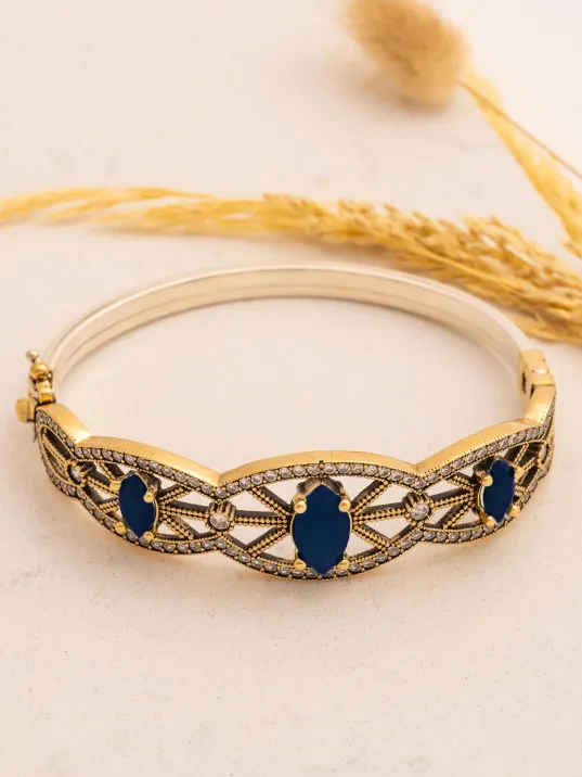 Kadın Gümüş Bileklik - Safir Ve Zirkon Taşlı Otantik Gümüş Kelepçe Bileklik