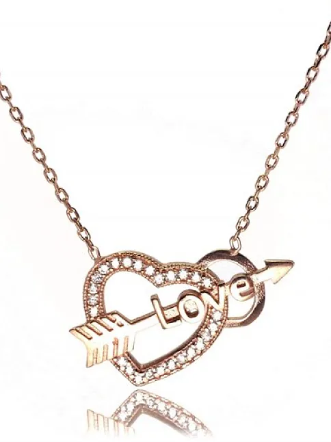 Kalpli Oklu Love Bayan Gümüş Kolye Rose Model