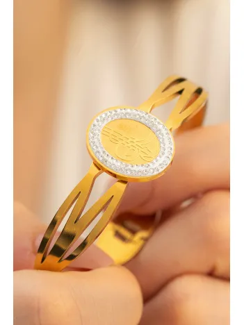 Kadın Çelik Bileklik - Altın Kaplama Tuğralı Zirkon Taşlı Model Çelik Bileklik