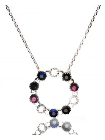 Yuvarlak Renkli Taşlarla Bezeli Bayan Gümüş Kolye Orta Boy