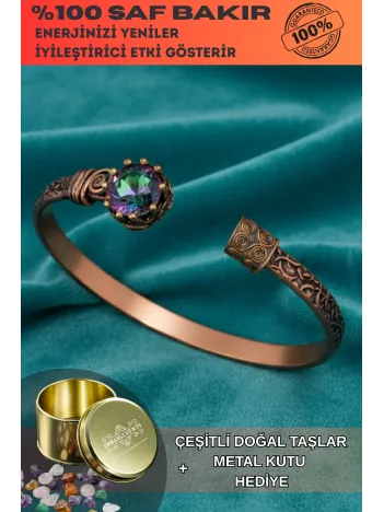 Kadın Bakır Bileklik - Mistik Topaz Taşlı Kadın Bilezik Metal Kutu ve Kuvars Taşı