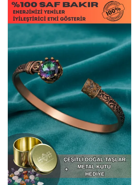Kadın Bakır Bileklik - Mistik Topaz Taşlı Kadın Bilezik Metal Kutu ve Kuvars Taşı