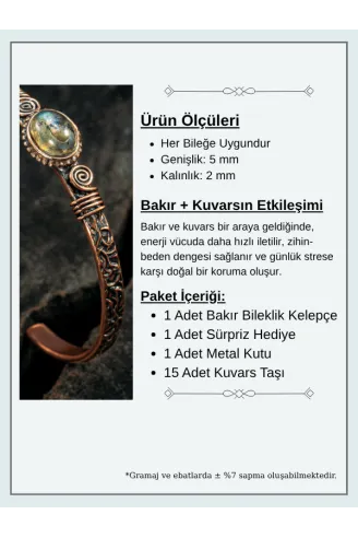 Bakır Kelepçe Bilezik Labradorit Doğal Taş Erkek Kadın Kuvars Taşı ve Metal Kutulu