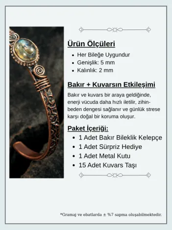 Bakır Kelepçe Bilezik Labradorit Doğal Taş Erkek Kadın Kuvars Taşı ve Metal Kutulu