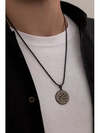 Viking Pusulası - Erkek Kolye - Viking Pusulası Model Siyah Renk Erkek Çelik Kolye - 316 L Paslanmaz Çelik