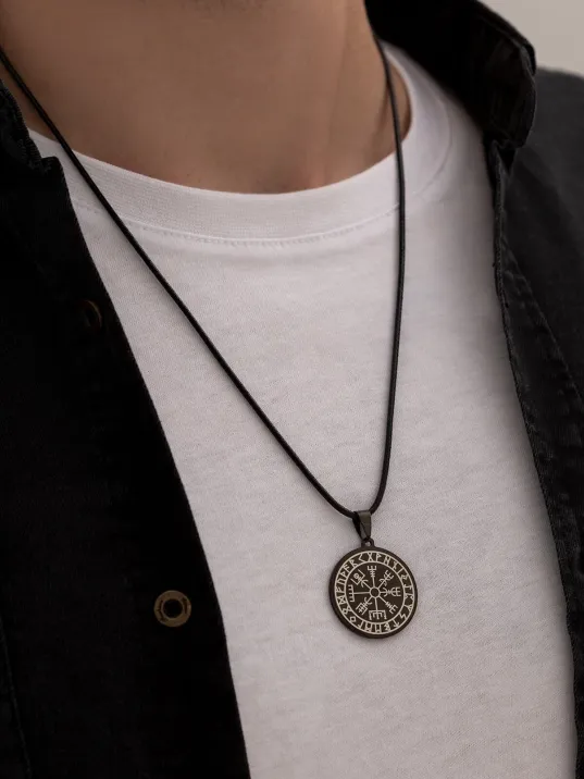 Viking Pusulası - Erkek Kolye - Viking Pusulası Model Siyah Renk Erkek Çelik Kolye - 316 L Paslanmaz Çelik