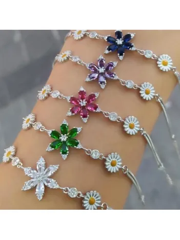 Papatyalı Nergis Çiçeği Zirkon Taşlı Bayan Gümüş Bileklik