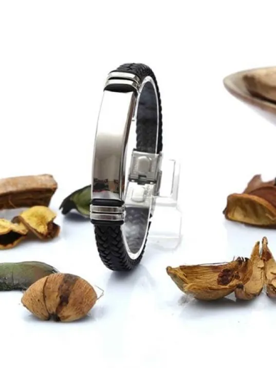 İsimli Deri Çelik Erkek Bileklik Deri Örgülü Model