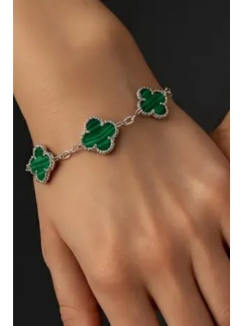 Kadın Gümüş Bileklik - Şans Dört Yaprak Motifli Yeşil Oniks Taşlı Bilezik