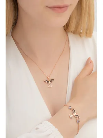 Kadın Gümüş Set - Rose Zümrüdü Anka Kuşu Kolye Bileklik Gümüş Set