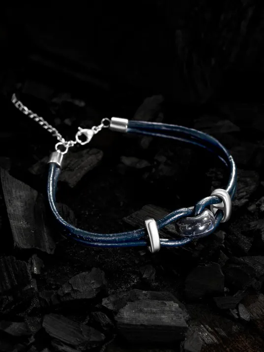 Erkek Çelik Bileklik - Orjinal Lacivert Akik Deri Çelik Erkek Bileklik