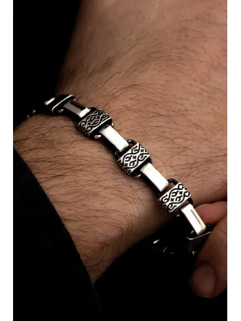 Erkek Gümüş Bileklik - Etnik Desenli Blok Model 1 Gümüş Bileklik Künye