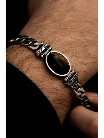 Erkek Gümüş Bileklik - Kaplan Gözü Gurmet Zincir Gümüş Bileklik Künye