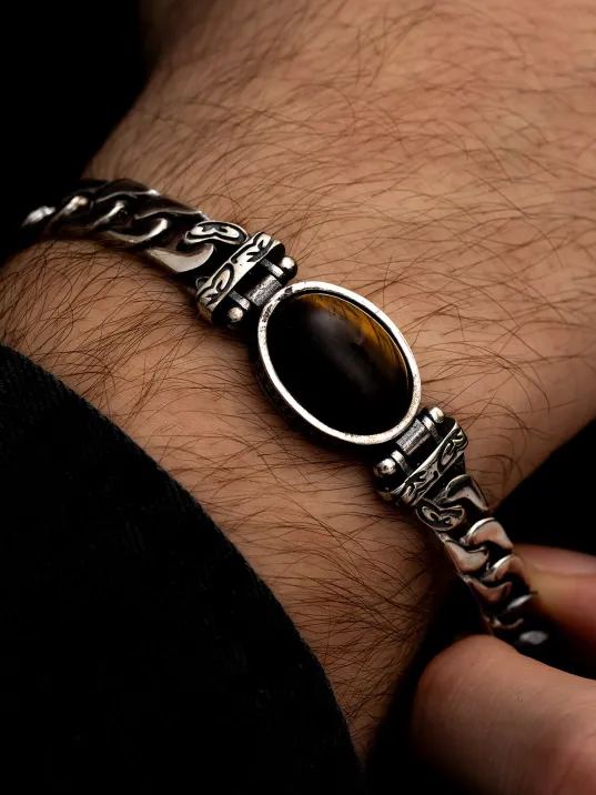 Erkek Gümüş Bileklik - Kaplan Gözü Gurmet Zincir Gümüş Bileklik Künye