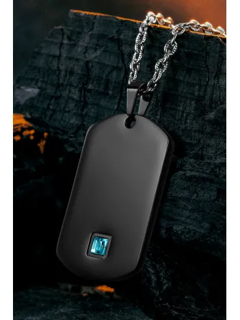 Steel Nova Çelik Erkek Kolye Mavi Zirkon Taşlı Siyah Künye Kararmaz