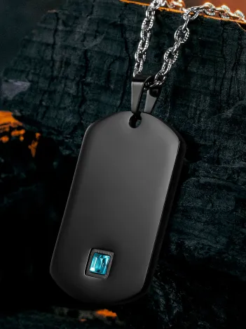 Steel Nova Çelik Erkek Kolye Mavi Zirkon Taşlı Siyah Künye Kararmaz