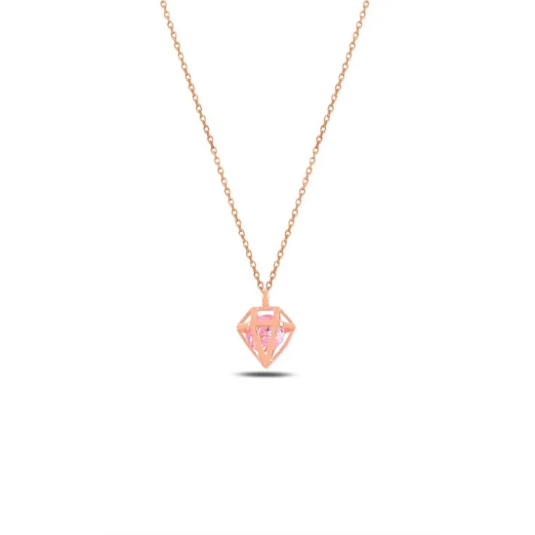 Kafes Model Yuvarlak Pembe Taşlı Kadın Gümüş Kolye GKLKFSMODL1-ROS