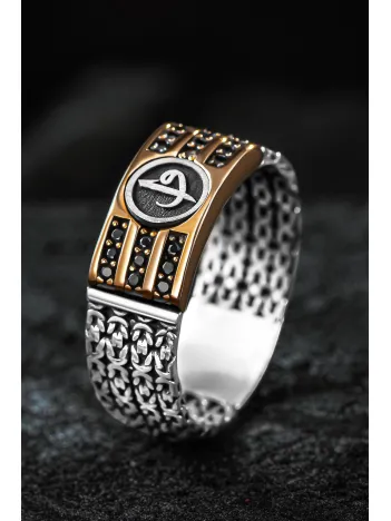 Erkek Gümüş Yüzük - Kral Zincirli Zirkon Taşlı Vav Elif İşlemeli Erkek Yüzük