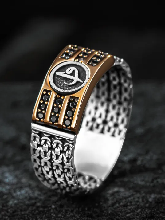 Erkek Gümüş Yüzük - Kral Zincirli Zirkon Taşlı Vav Elif İşlemeli Erkek Yüzük