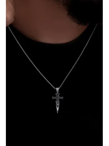 Erkek Gümüş Kolye - Haç Motifli Hançer Model Gümüş Kolye