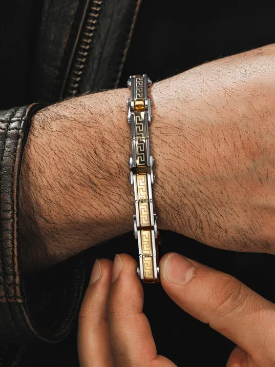 Grek Basamaklı Çelik Sarı Erkek Bileklik Künye CBLALTGREK1 Grek Basamaklı Çelik Sarı Erkek Bileklik Künye CBLALTGREK1