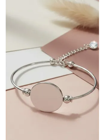 Kadın Gümüş Bileklik - Yuvarlak İsim Yazılabilir Plaka Gümüş Bileklik