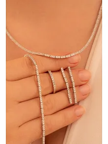 Kadın Gümüş Takı Seti - Duru Zirkon Taşlı Model Kolye, Bileklik, Yüzük, Küpe Tam Set