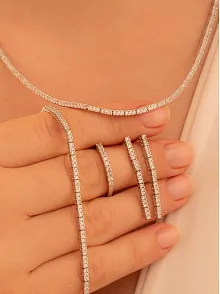 Kadın Gümüş Takı Seti - Duru Zirkon Taşlı Model Kolye, Bileklik, Yüzük, Küpe Tam Set