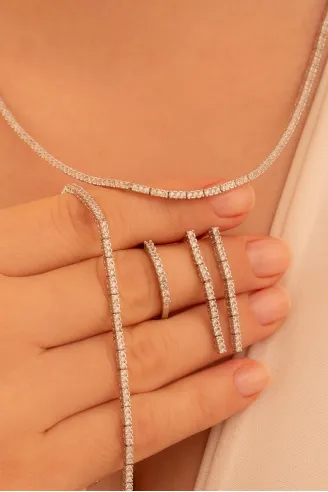 Kadın Gümüş Takı Seti - Duru Zirkon Taşlı Model Kolye, Bileklik, Yüzük, Küpe Tam Set