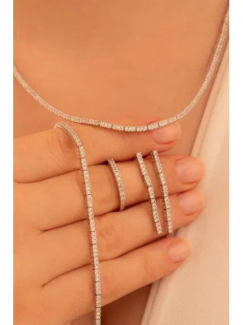 Kadın Gümüş Takı Seti - Duru Zirkon Taşlı Model Kolye, Bileklik, Yüzük, Küpe Tam Set