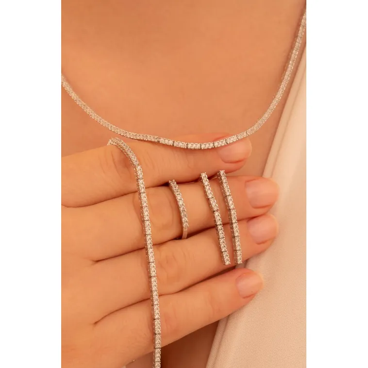 Kadın Gümüş Takı Seti - Duru Zirkon Taşlı Model Kolye, Bileklik, Yüzük, Küpe Tam Set