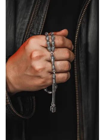 Erkek Tesbih - Efkar Oksitli 925 Ayar Gümüş Erkek Tespih Orta Boy 27gr