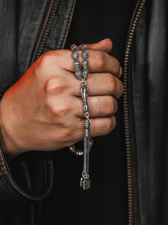 Erkek Tesbih - Efkar Oksitli 925 Ayar Gümüş Erkek Tespih Orta Boy 27gr