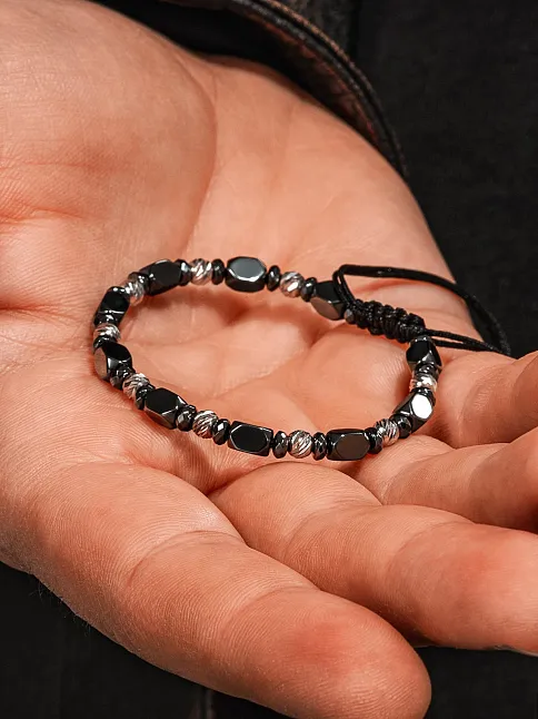 Siyah Hematit Taşlı Gümüş Detaylı Ayarlanabilir Erkek İp Bileklik - Model 9