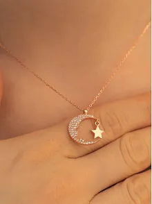 Kadın Gümüş Kolye - Kadın Rose Renk Kemal Atatürk Silüet Ay Yıldız Model Gümüş Kolye