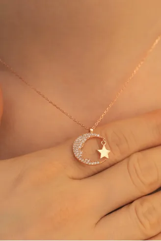 Kadın Gümüş Kolye - Kadın Rose Renk Kemal Atatürk Silüet Ay Yıldız Model Gümüş Kolye