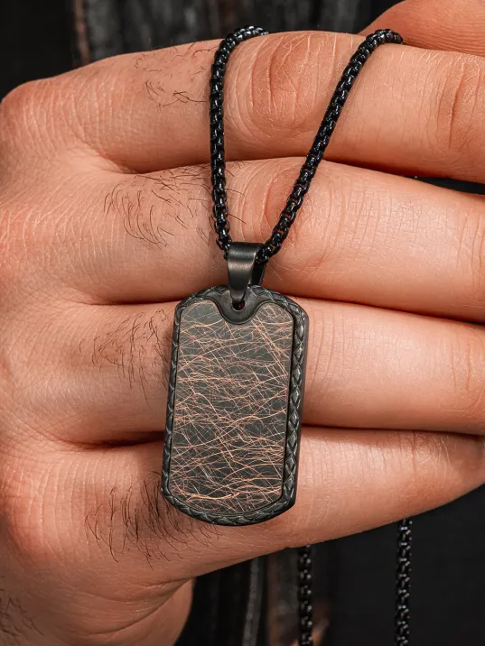 Steel Tag Siyah Polo Zincir Erkek Kolye - Asker Künyesi Desenli, Siyah Çizgili, Paslanmaz Çelik